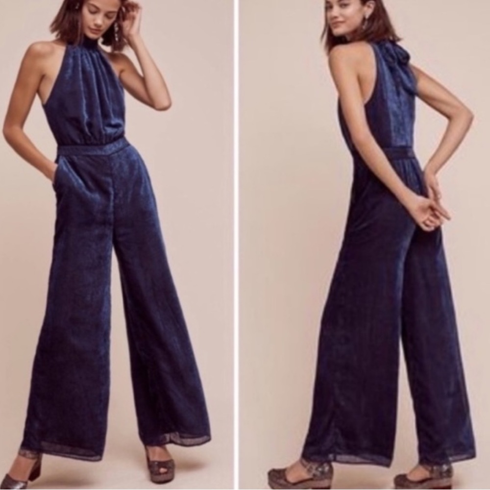 Anthropologie Elevenses Velvet Nova Jumpsuit Size 2 Navy Textured